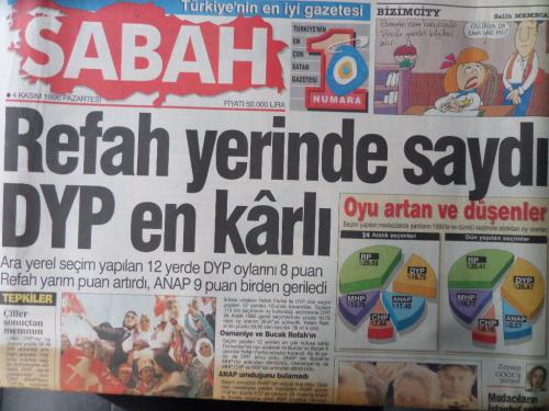 Sabah Gazetesi 4 Kasım 1996 - Refah Yerinde Saydı DYP En Karlı