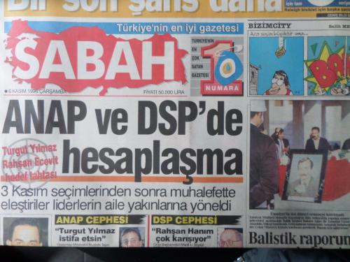Sabah Gazetesi 6 Kasım 1996 - Anap ve DSP'de Hesaplaşma