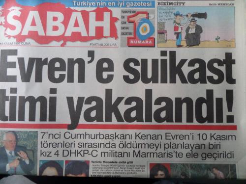 Sabah Gazetesi 8 Kasım 1996 - Evren'e Suikast Timi Yakalandı