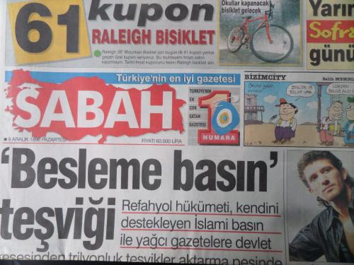 Sabah Gazetesi 9 Aralık 1996 - Besleme Basın Teşviği