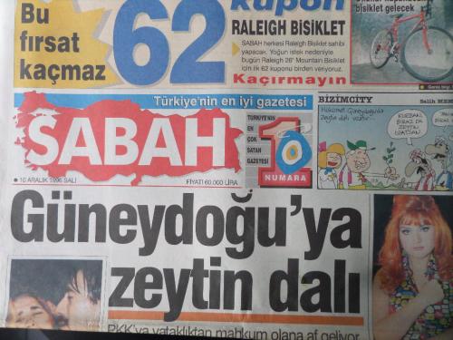 Sabah Gazetesi 10 Aralık 1996 - Güneydoğu'ya Zeytin Dallı