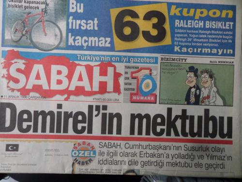 Sabah Gazetesi 11 Aralık 1996 - Demirel'in Mektubu