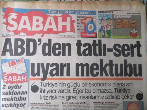 Sabah Gazetesi 4 Ocak 1997 - ABD'den Tatlı-Sert Uyarı Mektubu