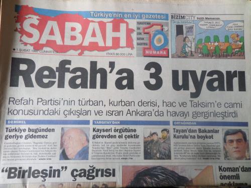 Sabah Gazetesi 1 Şubat 1997 - Refah'a 3 Uyarı