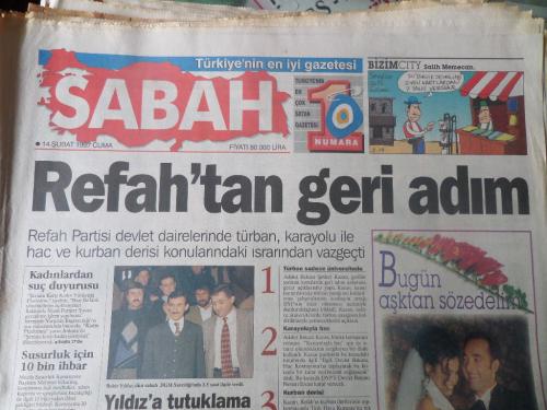 Sabah Gazetesi 14 Şubat 1997 - Refah'tan Geri Adım