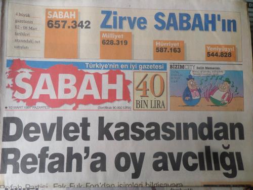 Sabah Gazetesi 10 Mart 1997 - Devlet Kasasından Refah'a Oy Avcılığı