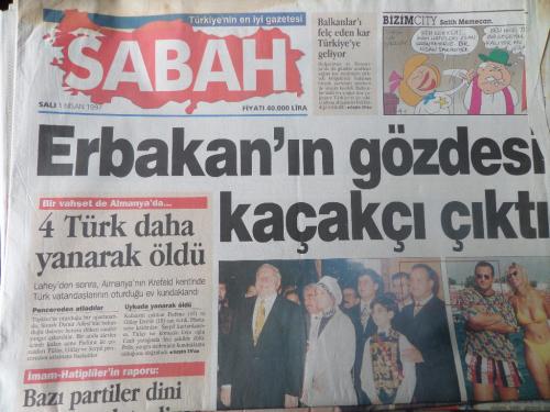 Sabah Gazetesi 1 Nisan 1997 - Erbakan'ın Gözdesi Kaçakçı Çıktı