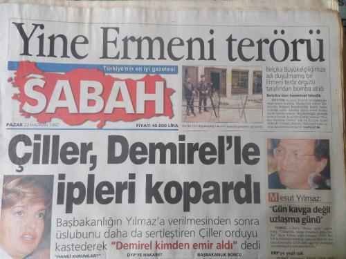 Sabah Gazetesi 22 Haziran 1997 - Çiller, Demirel'le İpleri Kopardı