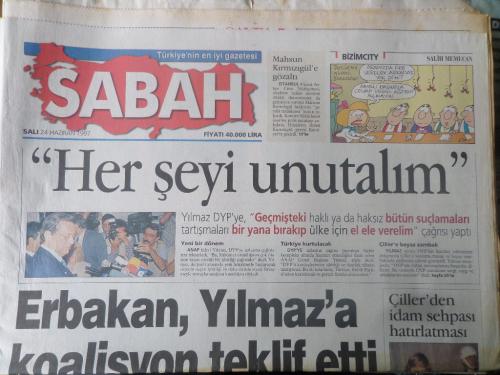 Sabah Gazetesi 24 Haziran 1997 - Erbakan, Yılmaz'a Koalisyon Teklif Etti