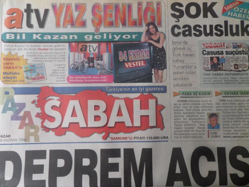 Sabah Gazetesi 28 Haziran 1998 - Deprem Acısı