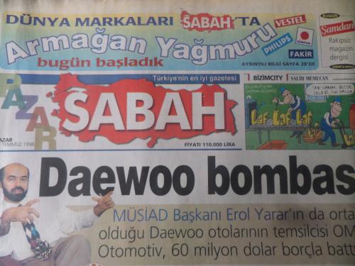 Sabah Gazetesi 12 Temmuz 1998 - Daewoo Bombası