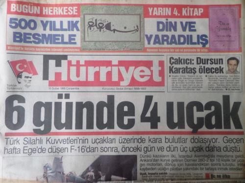 Hürriyet Gazetesi 15 Şubat 1995 - 6 Günde 4 Uçak