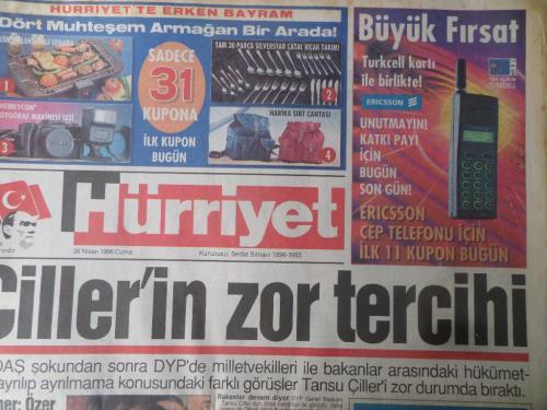 Hürriyet Gazetesi 26 Nisan 1996 - Çiller'in Zor Tercihi