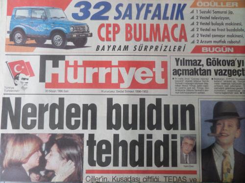 Hürriyet Gazetesi 30 Nisan 1996 - Nerden Buldun Tehdidi