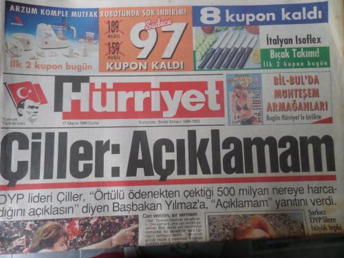 Hürriyet Gazetesi 17 Mayıs 1996 - Çiller: Açıklamam