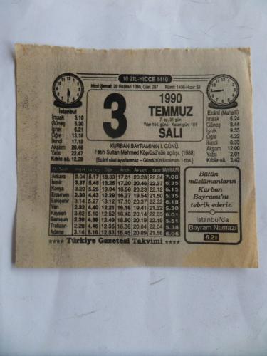 Eski Takvim Yaprağı 1990 / 3 Temmuz Salı