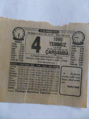 Eski Takvim Yaprağı 1990 / 4 Temmuz Çarşamba