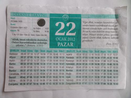 Eski Takvim Yaprağı 2012 / 22 Ocak Pazar