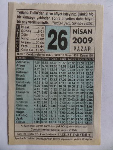Eski Takvim Yaprağı 2009 / 26 Nisan Pazar