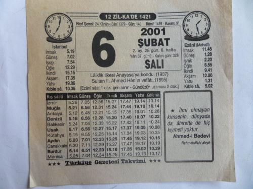 Eski Takvim Yaprağı 2001 / 6 Şubat Salı