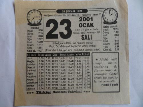 Eski Takvim Yaprağı 2001 / 23 Ocak Salı