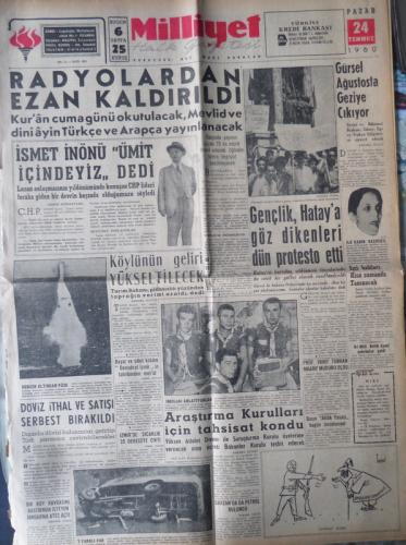 Milliyet Halk Gazetesi 24 Temmuz 1960 - Radyolardan Ezan Kaldırıldı