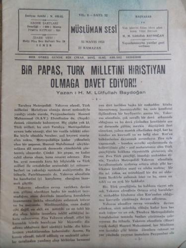 Müslüman Sesi 1954 / Sayı: 92 - Bir Papas Türk Milletini Hiristiyan Ol
